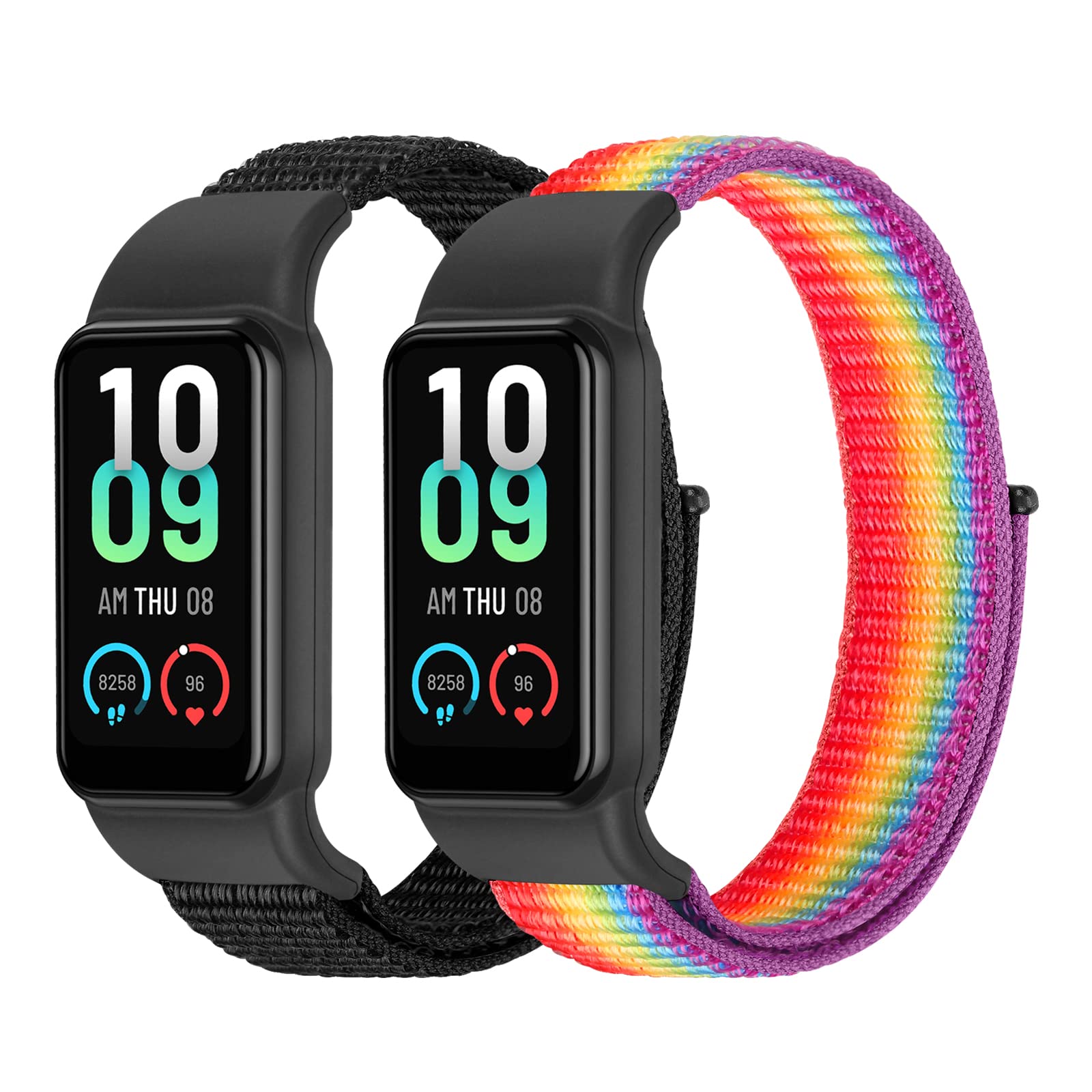 Tiptops Straps Compatible for Amazfit Band 7 Band, 2 Pack Breathable Comfortable Braided Adjustable Nylon Sport Solo Loop Replacement Wristband for Amazfit Band 7 Men, DarkBlack+OfficialRainbow