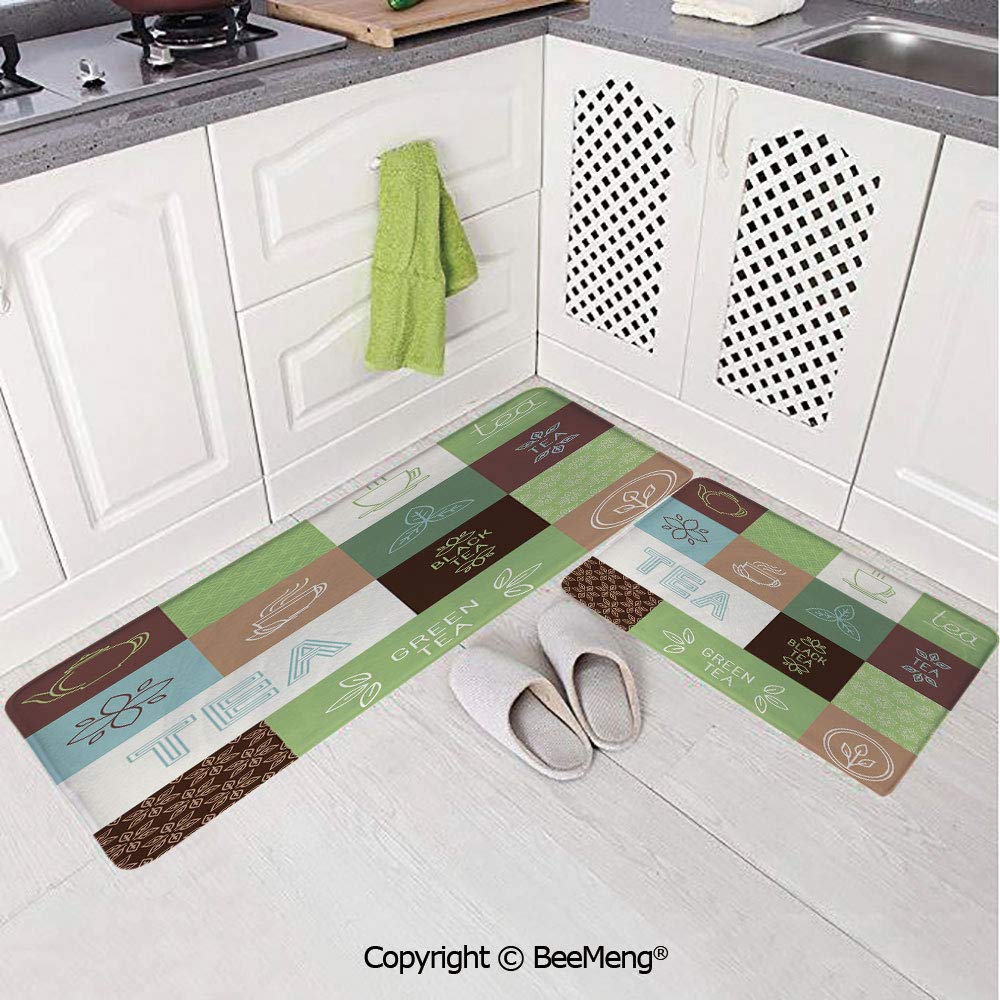 2 Piece Anti Skid Mat For Bathroom Rug Bathroom Decor Tea Party Checkered Tea Themed Images Symbols Geometrical Soft Colored Minimalist Decorative Green Brown Blue 16x24in 18x53in Amazon In Home Kitchen