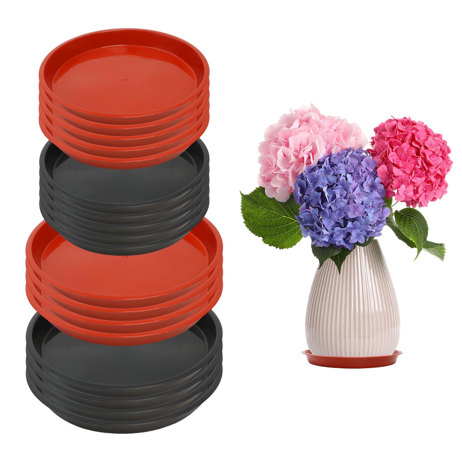 AYSYR 18 Pcs Plant Pot Saucers, 20cm/22cm Plant Saucers for Pots, Reusable Plastic Plant Tray, Waterproof Flat Edge Plant Trays for Pots, for Indoor Outdoor Garden Household Balcony (Red, Black)
