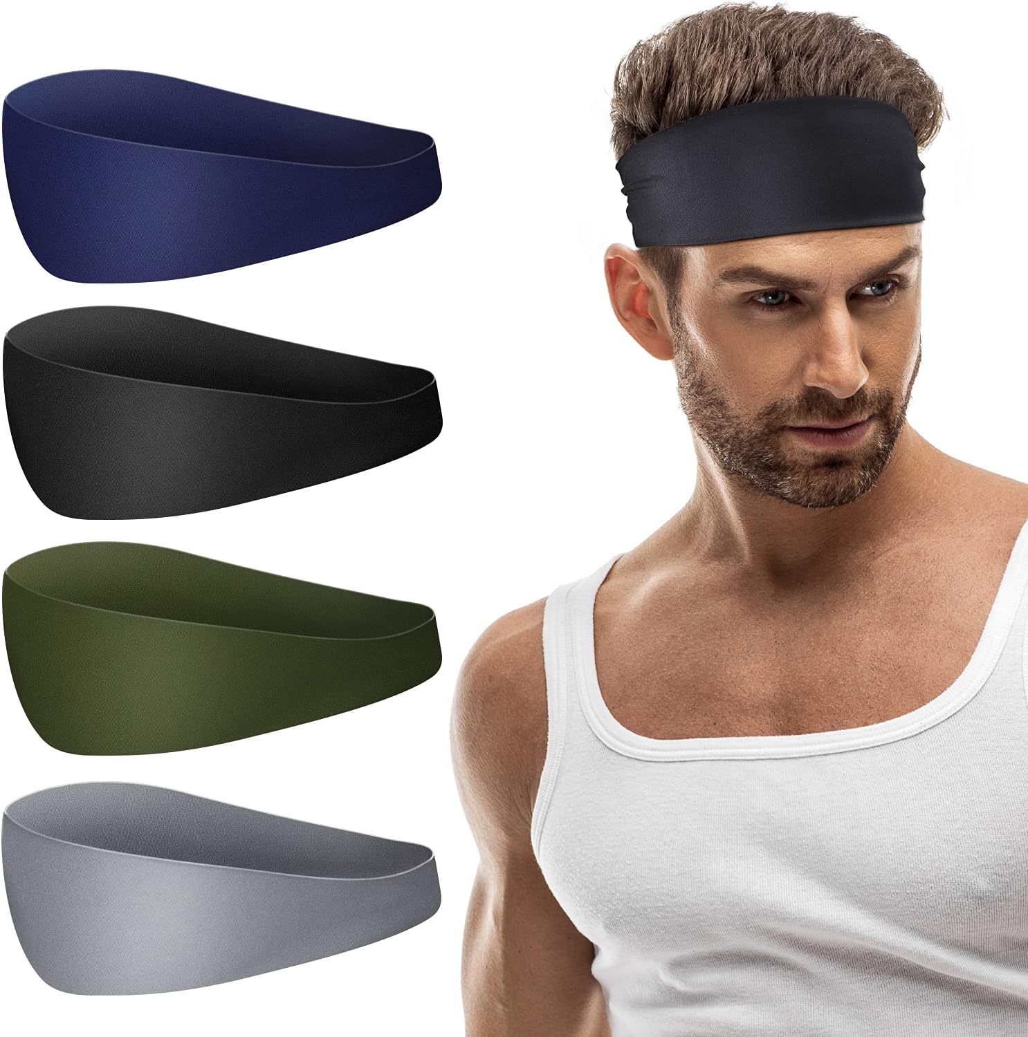 Favofit Headbands for Women & Men, 4 Pack, Premium Non Slip Sweatbands for Sport & Fitness Workout, Unisex Hairband with Fast Moisture Wicking, Fits Under Any Headwear, Black/Army Green/Gray/Navy Blue : Sports & Outdoors