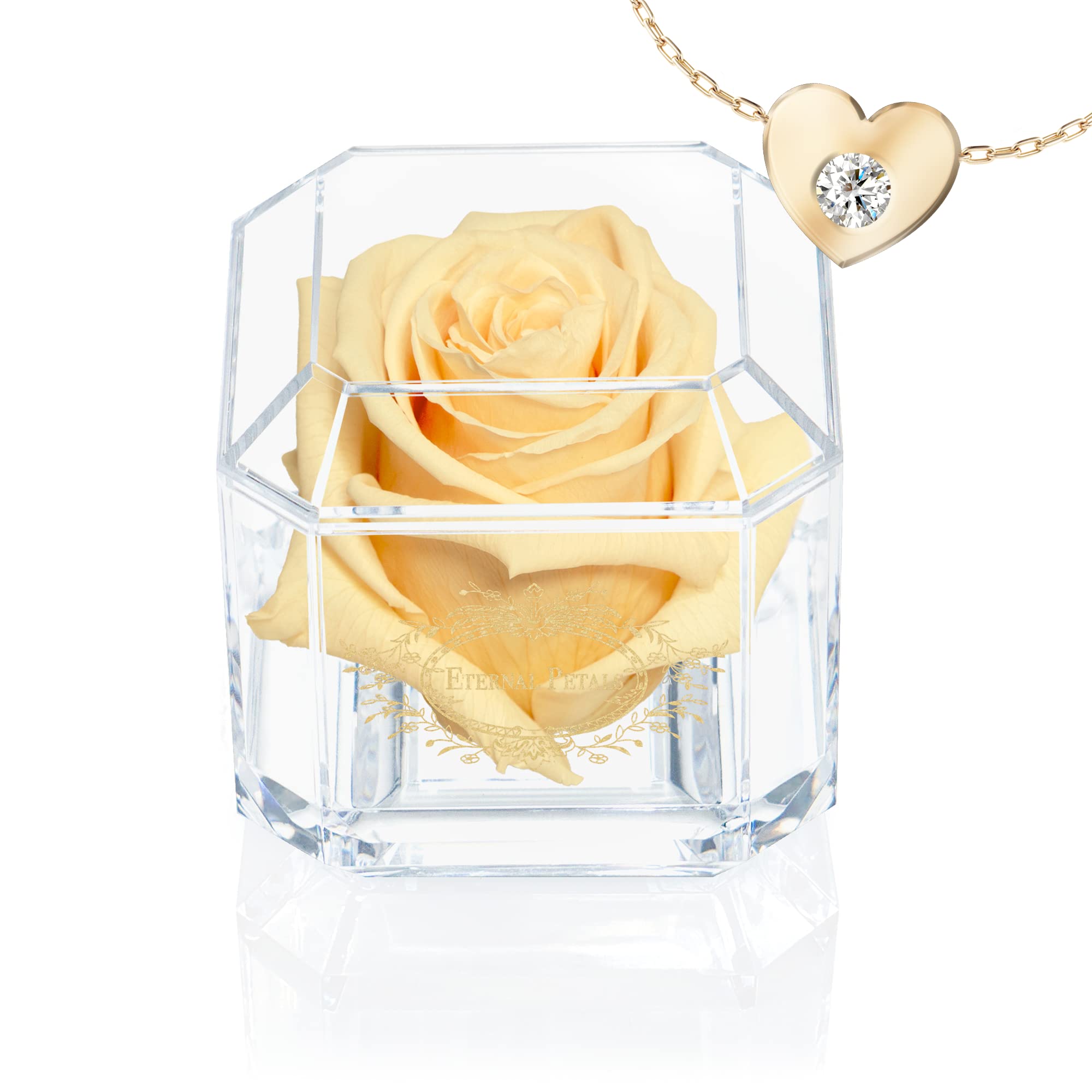 Eternal Petals A Real Rose That Lasts Years, Handmade in UK – Gold Solo with Gift Box, 18 ct Gold plated Heart Necklace with Clear Crystal and Love Message Greeting Card (Champagne)