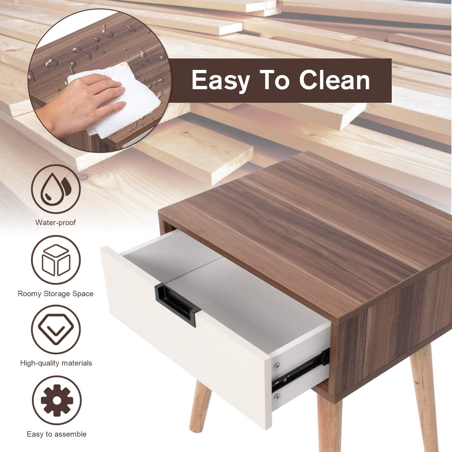 MOOSENG Wood Nightstand End Side Drawer and Open Shelf Accent Table Modern Furniture in Bedroom Home, Brown: Furniture & Decor