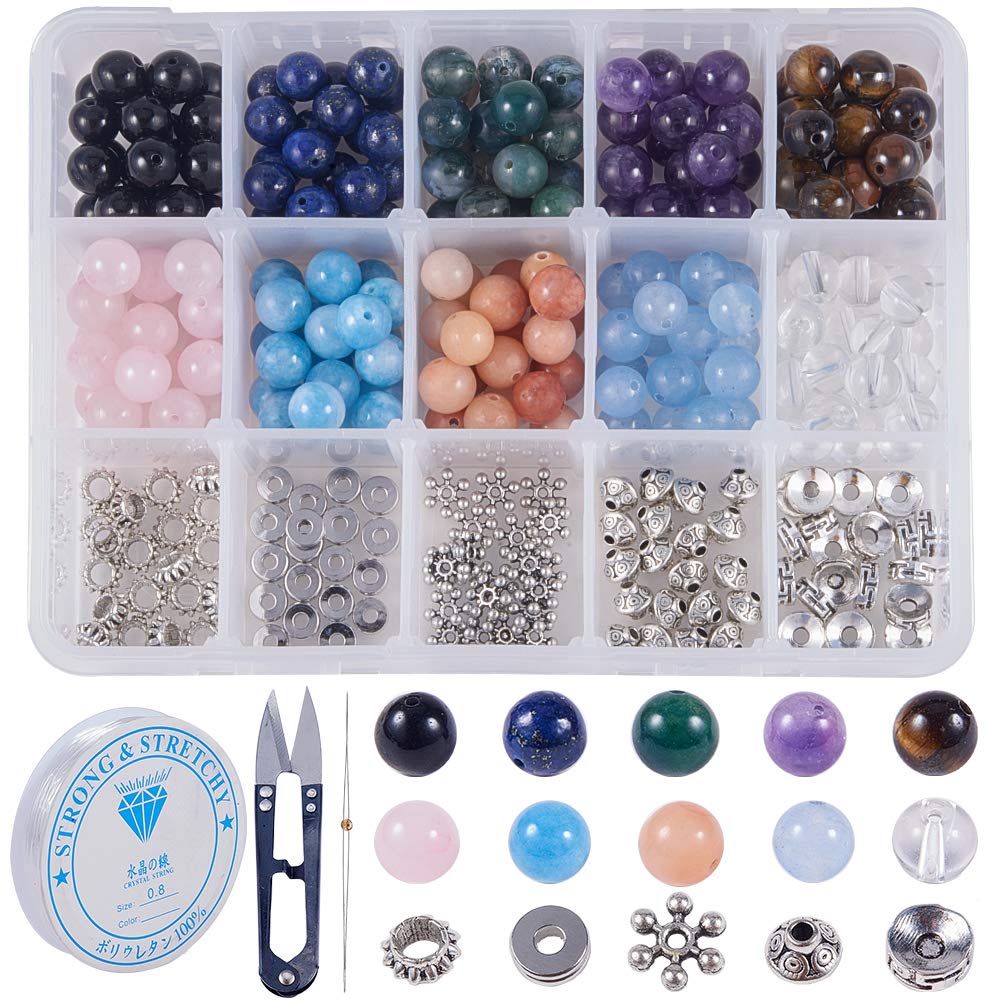 SUNNYCLUE 1 Box 300pcs Natural Stone Bead Bracelets Making Kit Include Round Gemstone Loose Beads & Metal Alloy Spacer Beads & Elastic Crystal Thread & Scissors for Jewellery Making Accessories