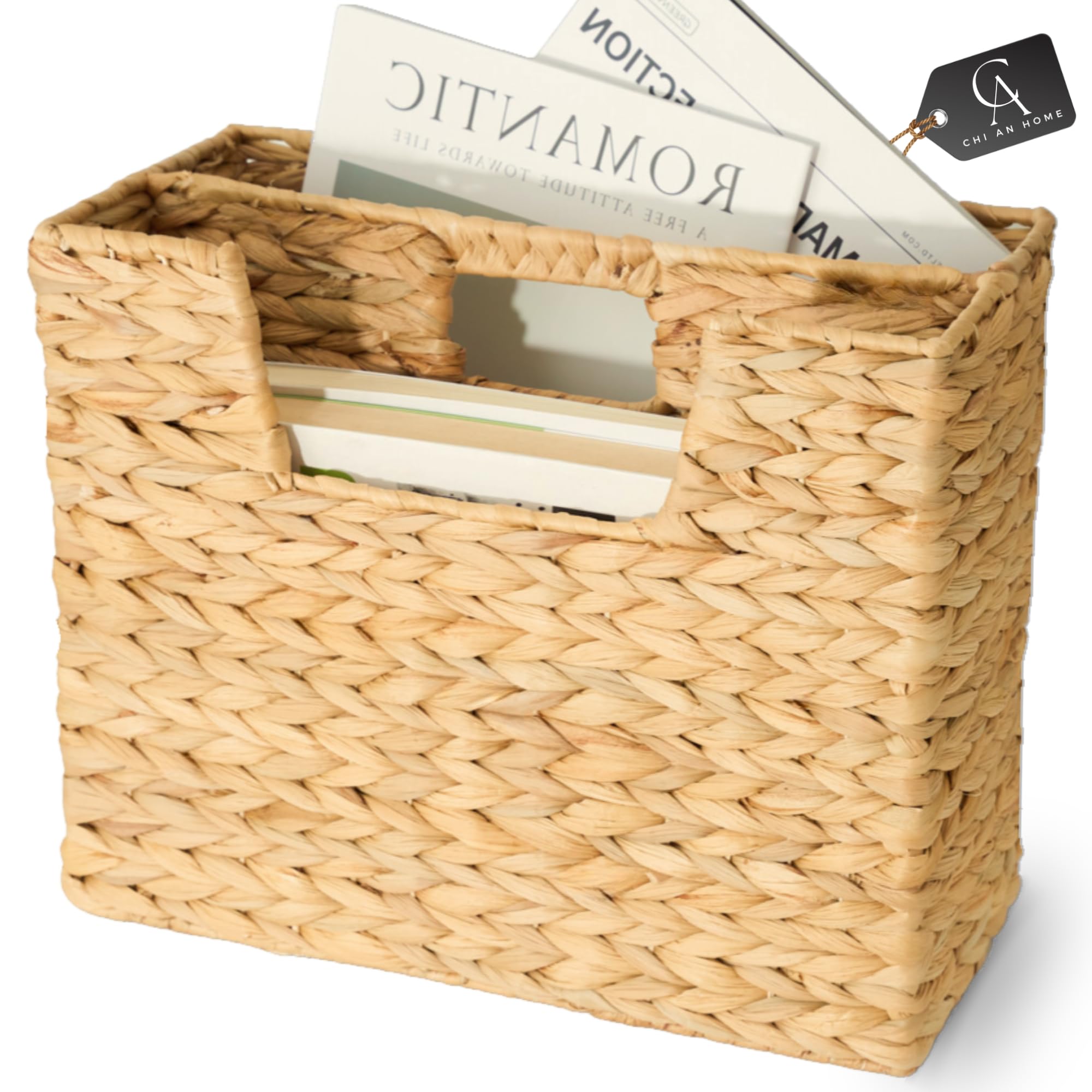 Photo 1 of CHI AN HOME Wicker Magazine Basket, Handwoven Water Hyacinth Storage Bin & Organizer for Files, Books, Newspapers, Documents, Decorative Storage Bin with Handle for Office, Living Room, Dorm, Bathroom