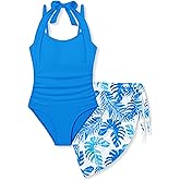 Tomolant Girls Swimsuit Halter Neck One Piece Bathing Suit with Tropical Printed Cover Up Skirt Girls' Swimwear Set 7-18Y