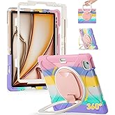 BRAECN for iPad Air 13 Inch Case M3 2025/ M2 2024 & iPad Pro 12.9 Case (6th/5th4th/3rd Gen), Heavy Duty Silicone Cover w/ 360 Swivel Ring Stand/Kickstand/Shoulder Strap/Pencil Holder, Colorful Pink