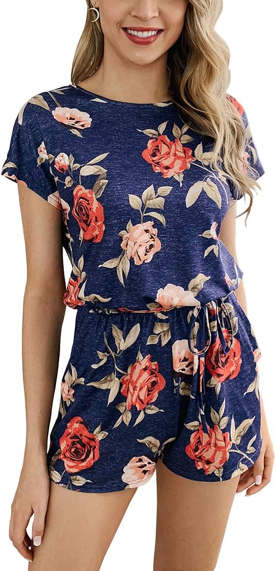 Women's 2021 Summer Short Sleeve Crewneck Romper with Drawstring Waist Belt Casual Soft Pajamas Rompers