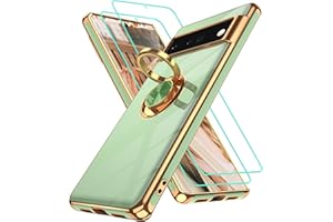 Gritup for Google Pixel 6 Pro Case with 2Pcs Screen Protector | 360° Rotation Ring Holder Magnetic Kickstand | Plating Gold Edge Soft TPU Protective Basic Funda para Cover for Pixel 6 Pro Pea Green