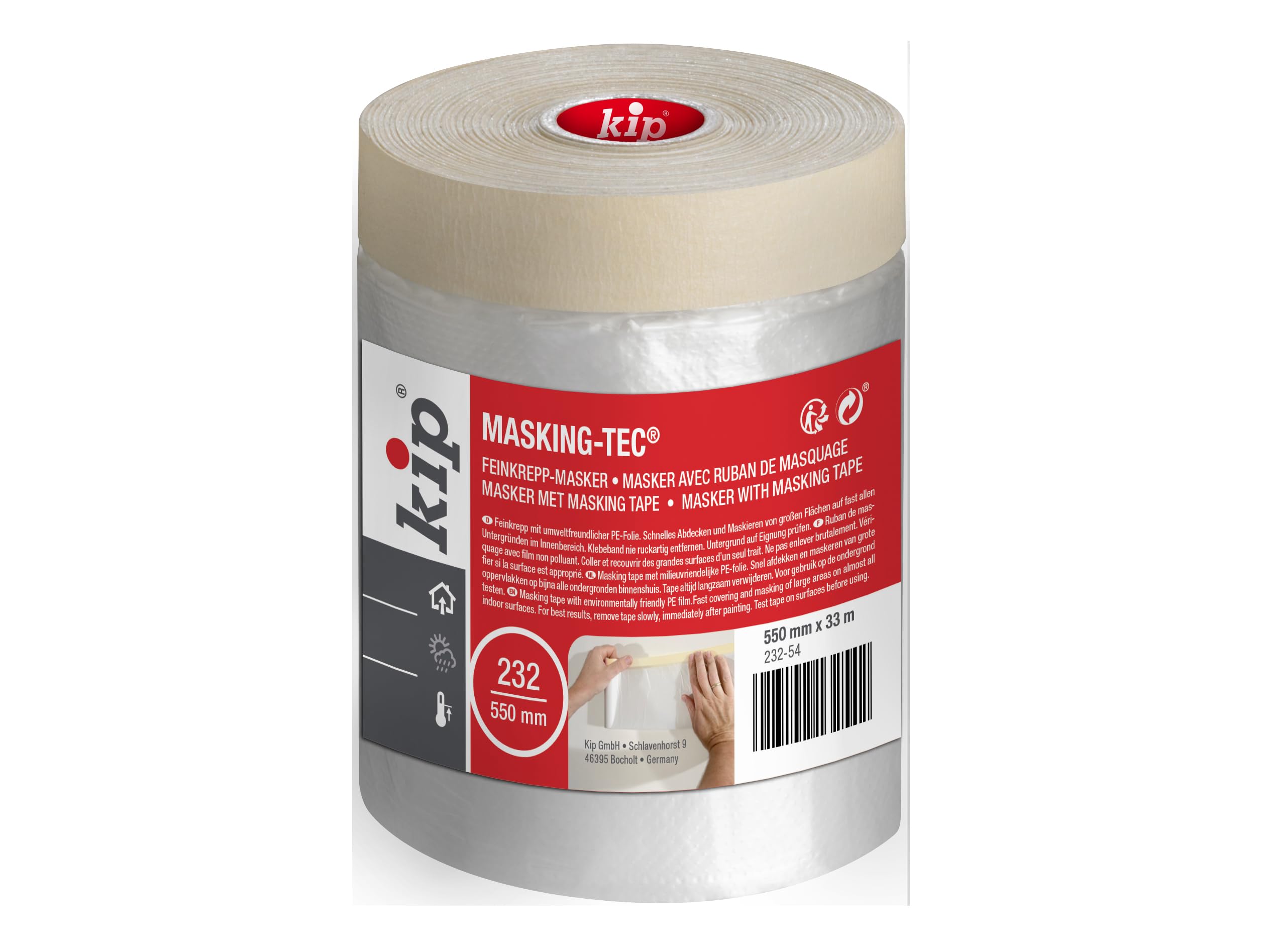 Kip Drop Cloths Pre-Taped Painters Masking Film 550mm x 33m, Masker Masking Tape with Plastic Sheet, Drape for Spraying, Covering, Suitable for Decorating, Automotive, Windows, Dust & Paint Protection