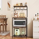 Korfile 厨房烘焙架带储物架,小咖啡吧车带 8 个挂钩,4 层微波炉支架,带可调节搁板,独立式厨房电器收纳盒,乡村棕色