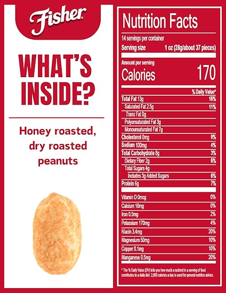 FISHER SNACK HONEY ROASTED DRY ROASTED PEANUTS, 14 OUNCES, MADE WITH REAL HONEY, 100% RECYCLABLE