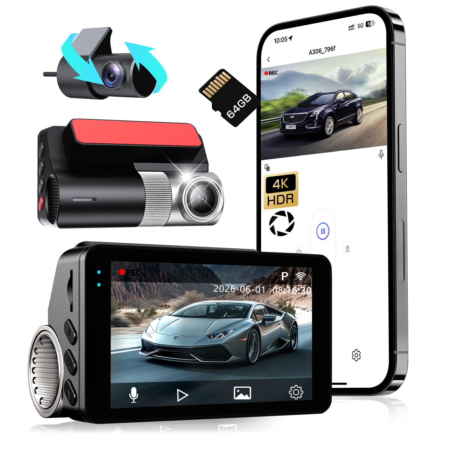 Photo 1 of 4K Dash Cam Front and Rear, G-Sensor, Free 64GB Card Included, 5.8GHz WiFi with Dash Camera for Cars, Time-Lapse Recording, 3" HD IPS, 24H Parking Mode,Night Vision