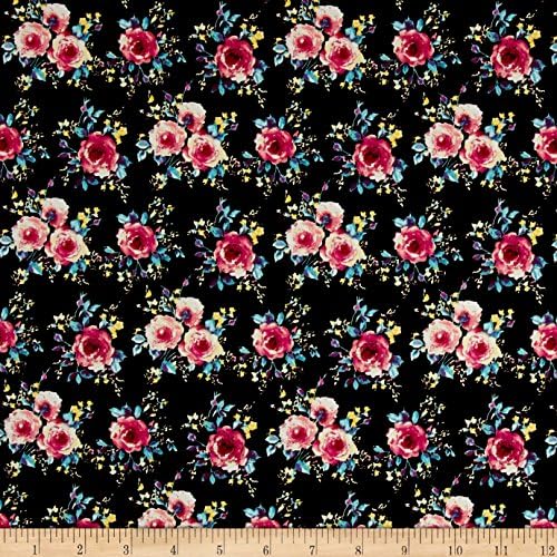 Cotton Stretch Poplin Floral Black/Fuschia Fabric By The Yard