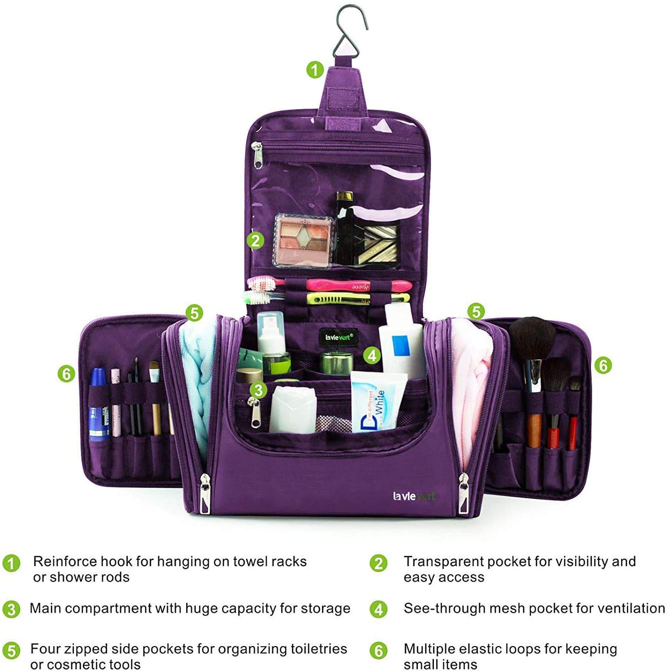 Lavievert Toiletry Bag/Makeup Organizer/Cosmetic Bag/Portable Travel Kit Organizer/Household Storage Pack/Bathroom Storage with Hanging for Business, Vacation, Household - Purple : Beauty