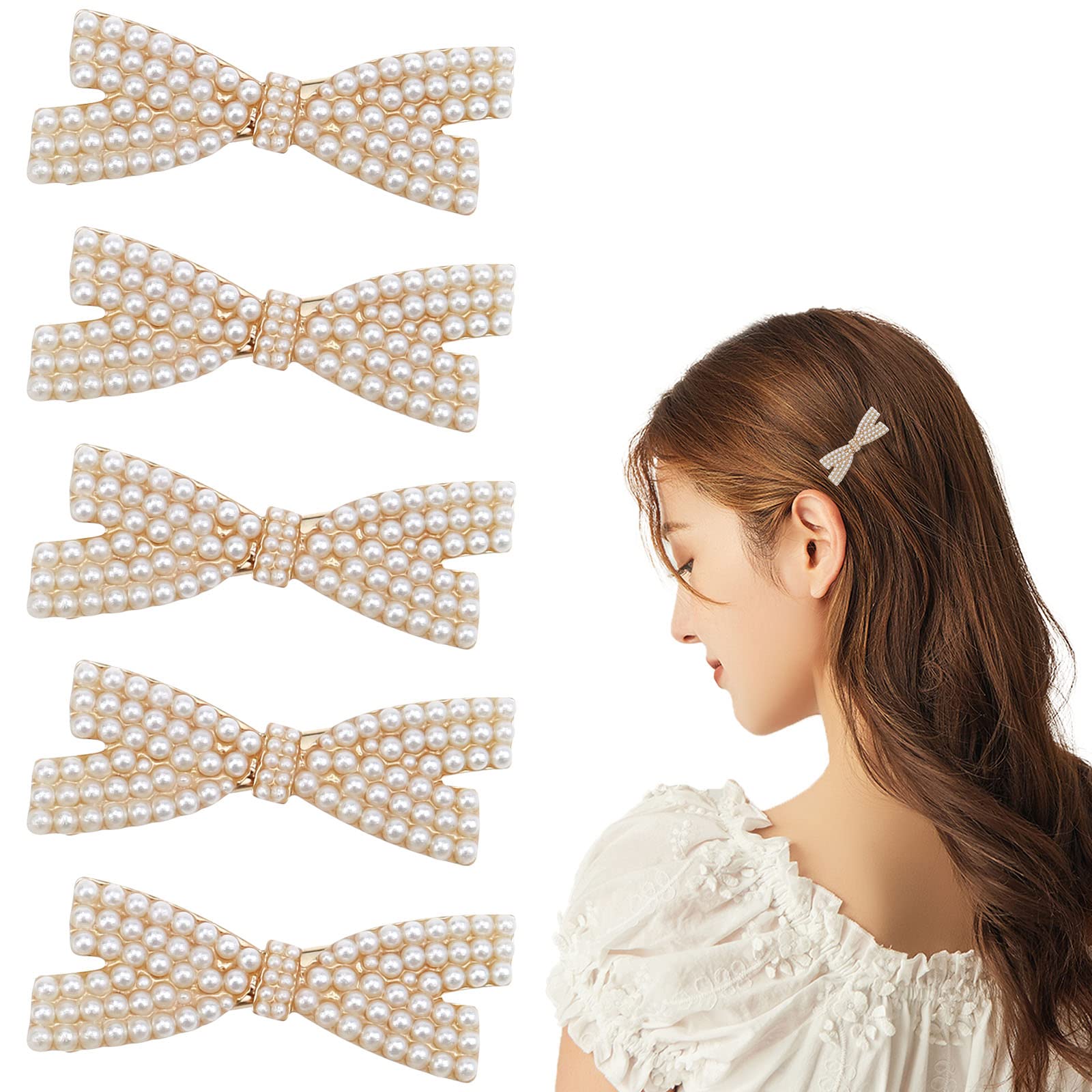 5 Pcs Pearl Bow Duckbill Hair Claw Clips - Gold Metal Elegant Cute Hair Pins - Gifts for Little Girls & Women