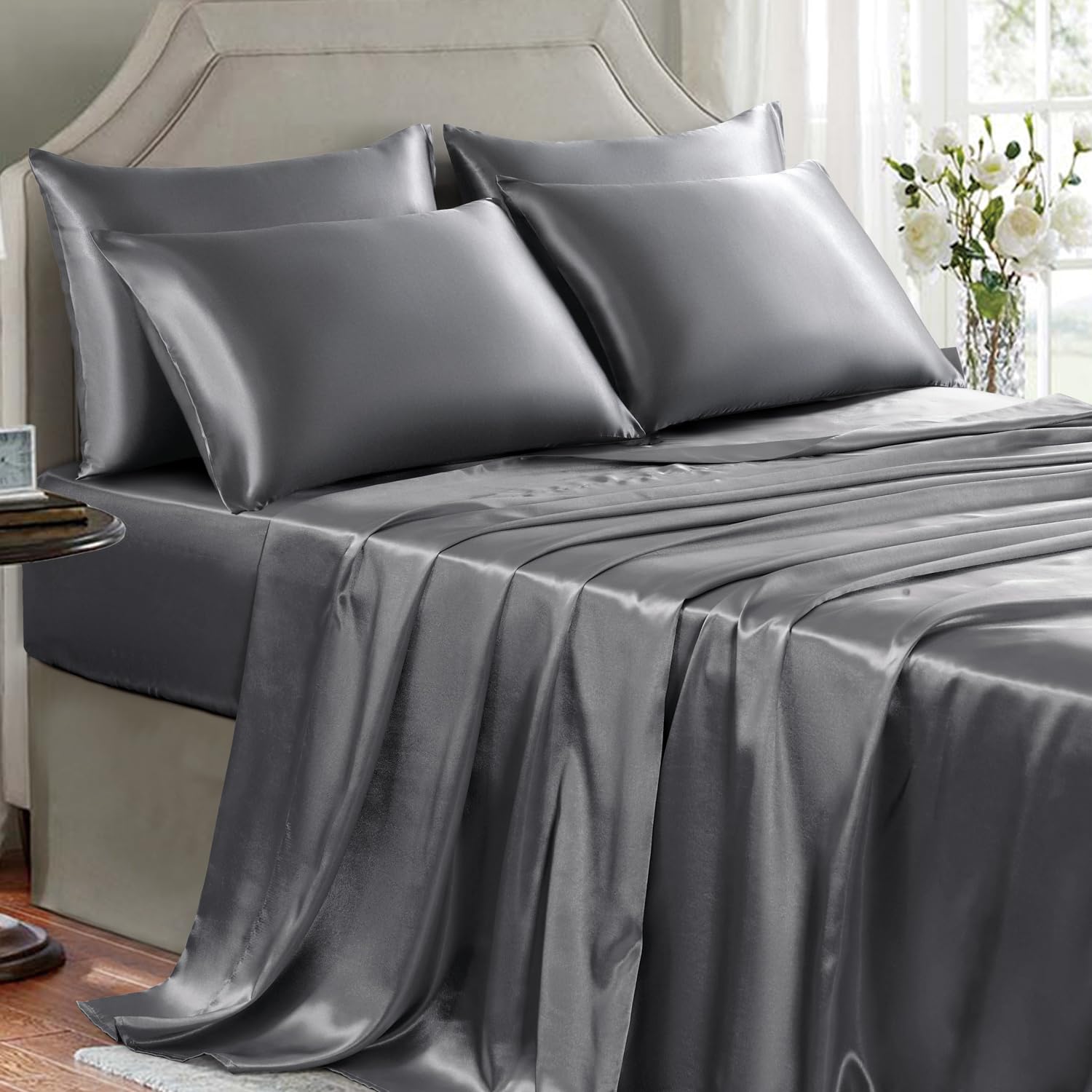 GOLAL Satin Sheets Queen Size - 6 Pieces Luxury Silky Soft Bed Sheets, Wrinkle-Free Dark Grey Satin Silk Sheet Set with 1 Deep Pocket Fitted Sheet, 1 Flat Sheet, 4 Pillow Cases