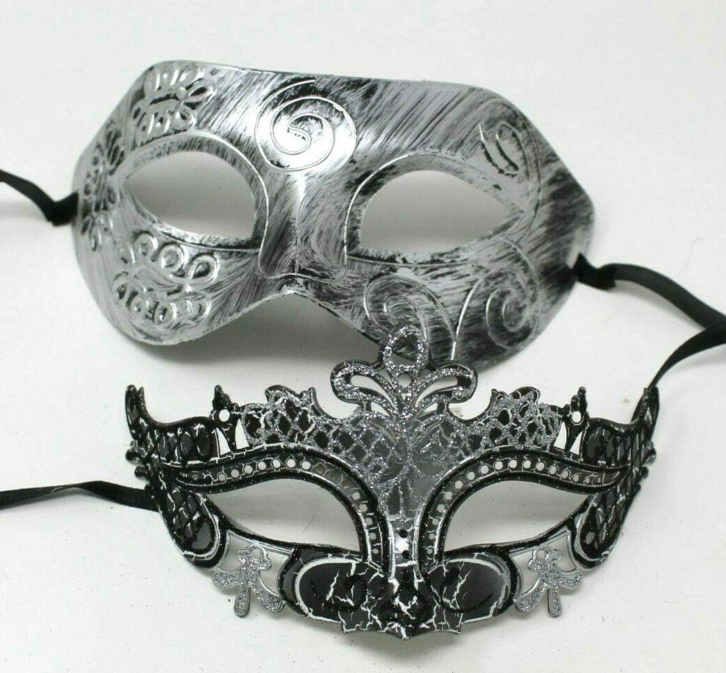 HIS N HERS PAIR OF CO-ORDINATED SILVER & BLACK COUPLES VENETIAN MASQUERADE CARNIVAL PARTY BALL EYE MASKS, Silver Black, 8cm deep - Image 4