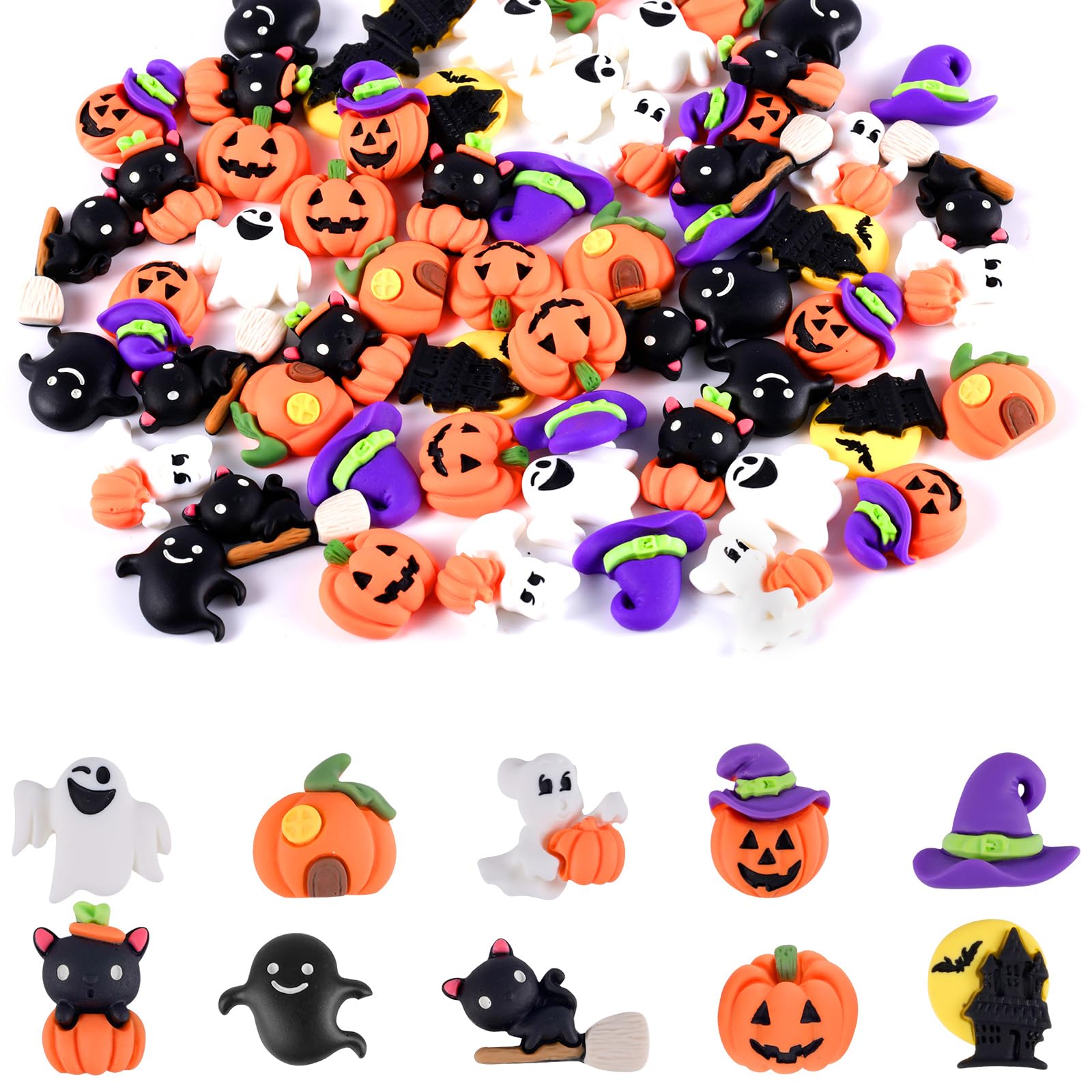 PEUTIER 60pcs Halloween Resin Charms - 10 Styles Mini Flatback Slime Charms for Kids Decor Craft Embellishments Ornaments for Scrapbook Phone Cases Hair Clips DIY