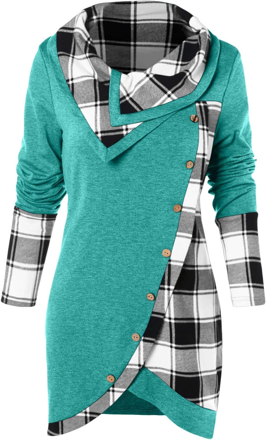 Rosegal Women's Turtleneck Long Sleeve Asymmetrical Plaid Thin T-Shirt Tops
