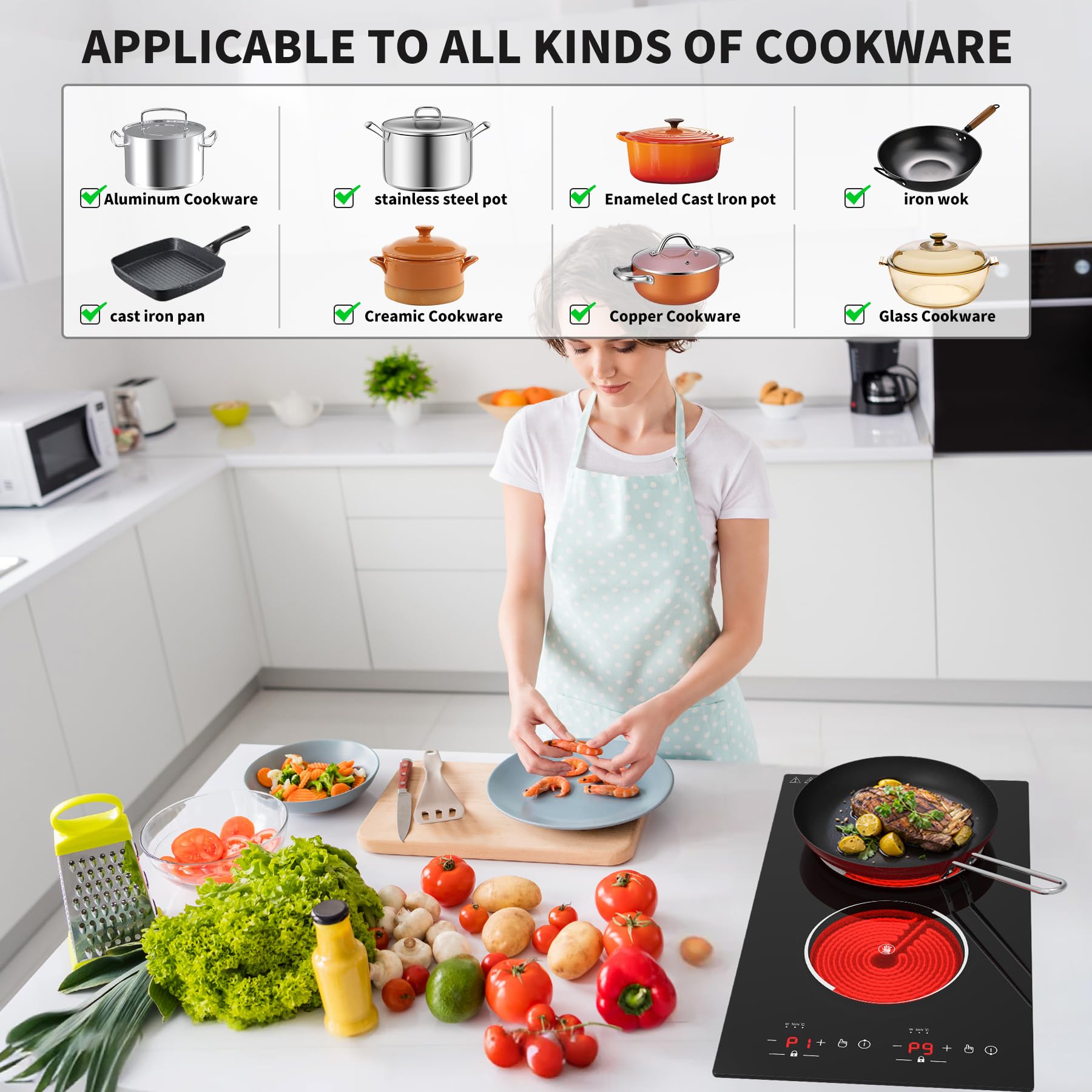VBGK Electric Cooktop,12 Inch Built-in Radiant Electric Stove Top,110V 2100W 2 burner cooktop With 9 Heating Level, Timer & Kid Safety Lock, Sensor Touch Control 2 burner Induction Cooktop
