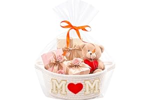Mother's Day Empty Gift Baskets for Women - Small Woven Rope Basket with M & Heart Patches, Mom Storage Basket Bag with Handl