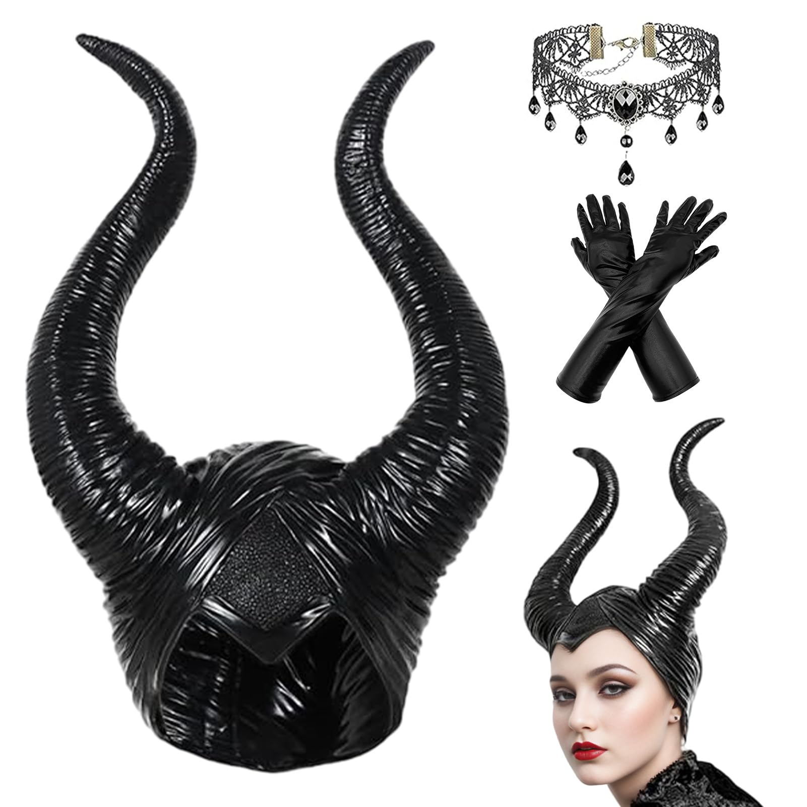 Maryparty Maleficent Horns Headband Evil Maleficent Headpiece Ornament Vintage Black Lace Gem Necklace for Halloween Cosplay Carnival