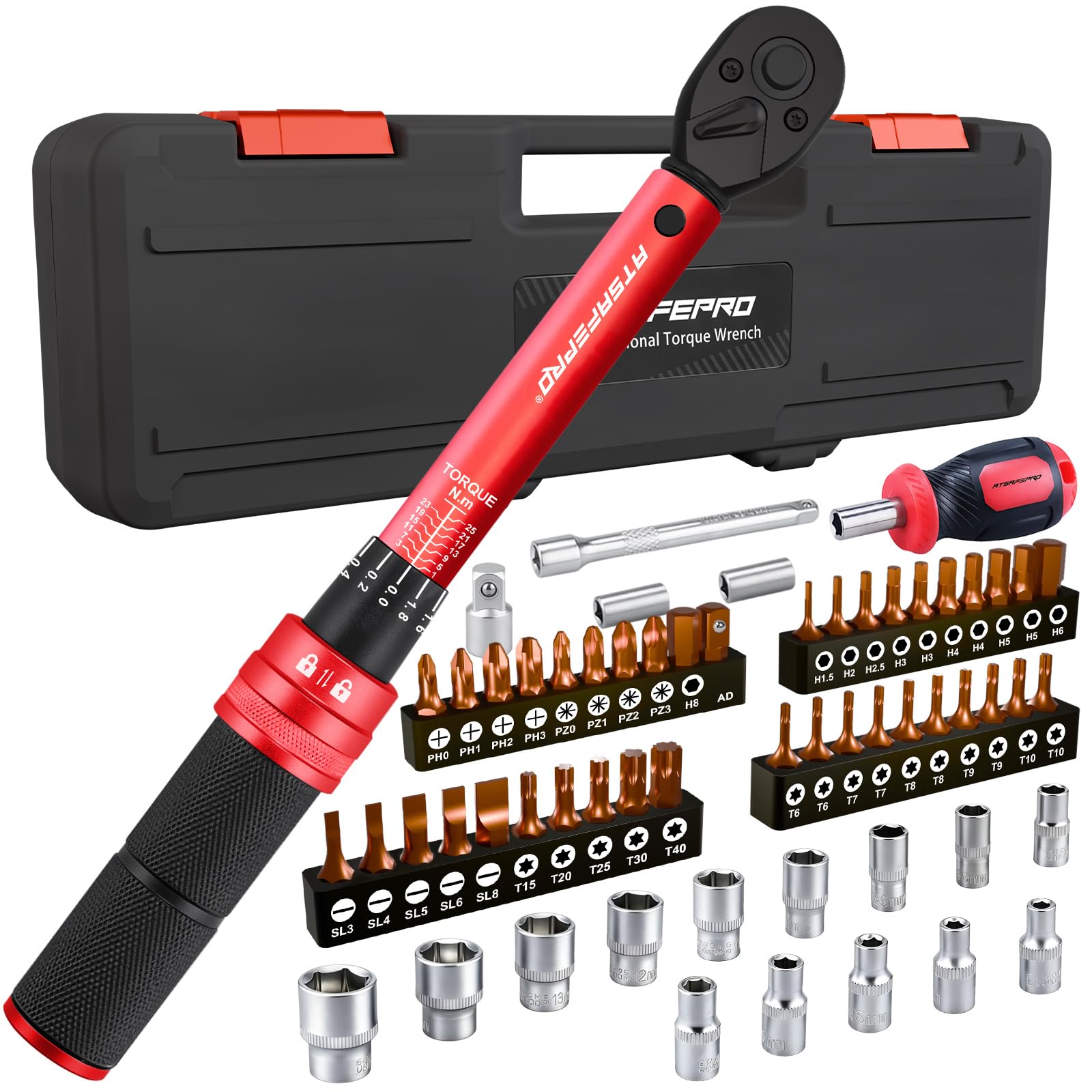 ATsafepro 61PCS Bike Torque Wrench Set 1-25 Nm, Small Torque Wrench 1/4 Drive Including 1/4-3/8-inch Adapter,10CM Extension, Bits,Screwdriver, Accuracy ±3% 72 Teeth for Bicycles, Motorcycles