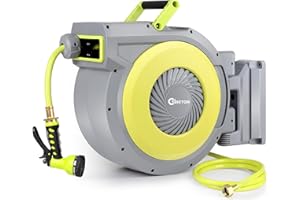Bietor Garden Hose Reel Heavy Duty, 1/2in x 100ft+6ft Wall Mounted Retractable Water Hose Reel, with 9 Pattern Hose Nozzle, S