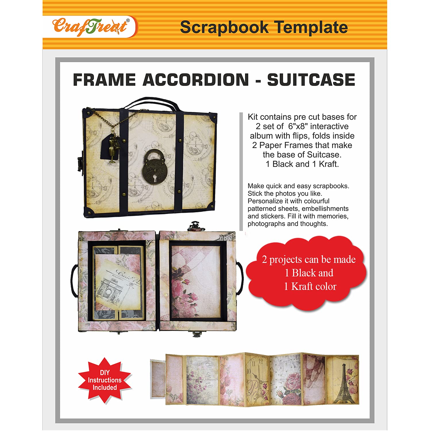 CrafTreat Frame Accordion Suitcase DIY Scrapbook Blanks – 2 Sets (Black & Kraft) with Precut Die Cuts, Magnets & Tutorials for Interactive Accordion Mini Albums