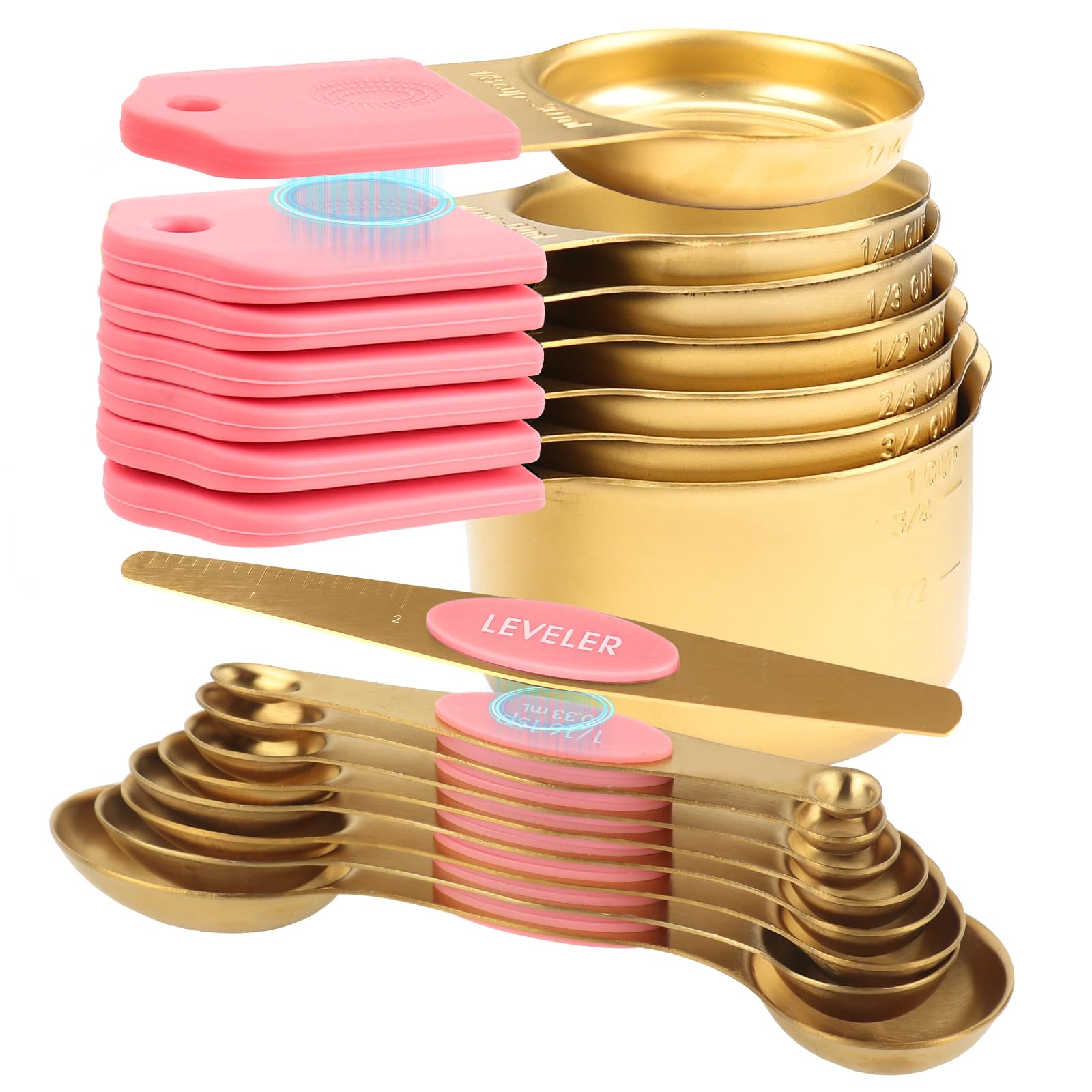 Photo 1 of 16-Piece Stainless Steel Measuring Cups and Spoons Set, Strong Magnetic Nesting Design 7 Cups 8 Spoons with Leveler, Double Measurement Markings for Dry & Liquid Ingredients, Pink & Gold