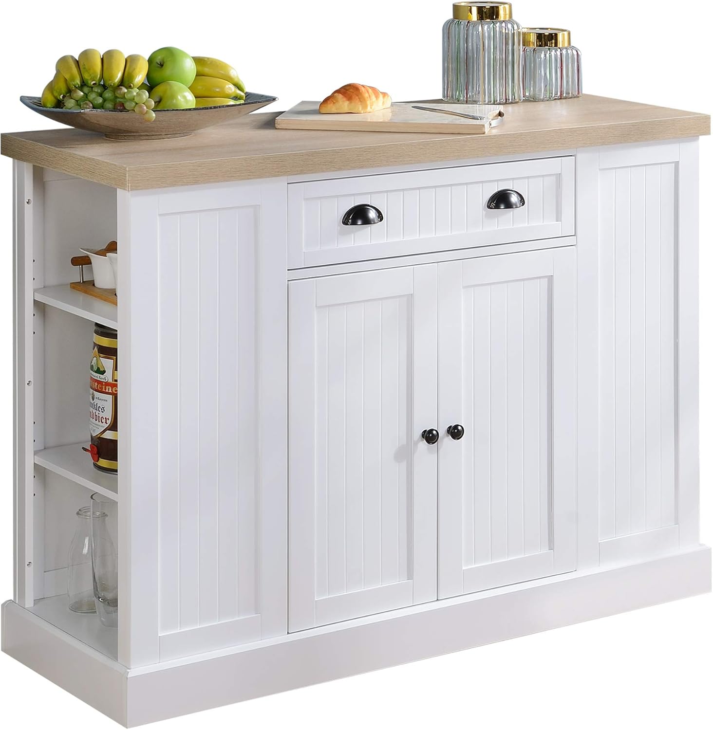 Amazon Com Homcom Fluted Style Wooden Kitchen Island Storage Cabinet With Drawer Open Shelving And Interior Shelving For Dining Room White Kitchen Islands Carts
