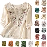 Linen Tops for Women Retro Embroidered Tunic Flowy 3/4 Sleeve Boho Shirts Casual Dressy Peasant Gauze Blouse