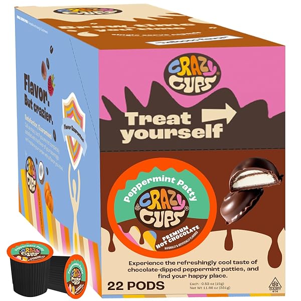 CRAZY CUPS SEASONAL HOT CHOCOLATE, PEPPERMINT PATTY PREMIUM HOT CHOCOLATE HOT COCOA, SINGLE SERVE CUPS FOR KEURIG K CUP BREWERS, 22 COUNT