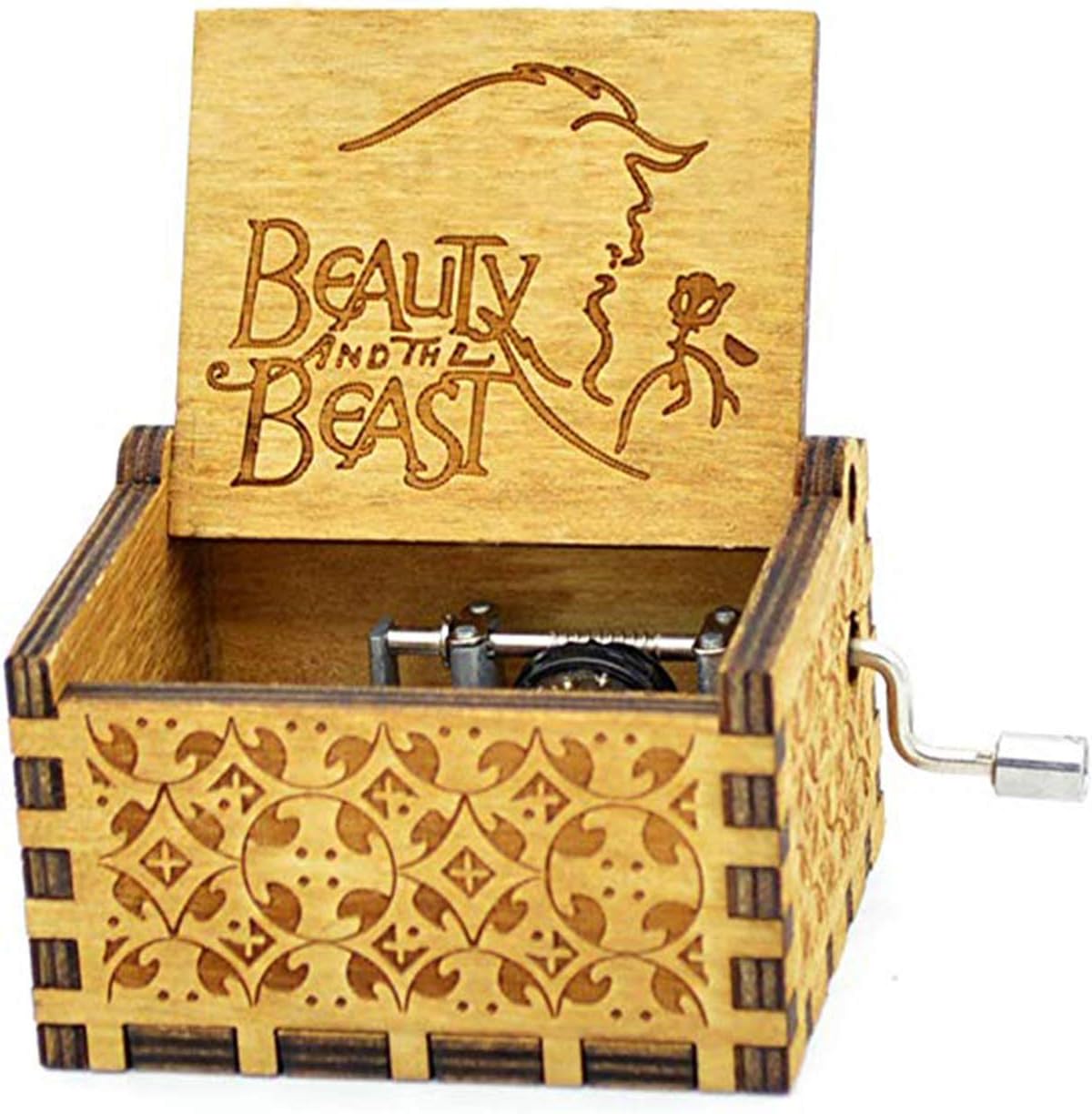 HOSALA Personalizable Beauty and The Beast Music Box Handmade Laser Engraved Vintage Wooden Hand Crank Musical Box Gifts for Wedding/Birthday/Christmas/Valentine's Day(Beauty and The Beast a)