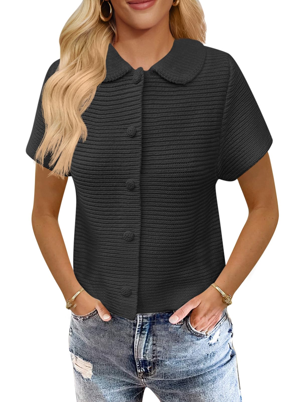 Photo 1 of Saodimallsu Womens Short Sleeve Cropped Cardigans Casual Summer Button Down Collared Lightweight Loose Knit Sweater Top Black