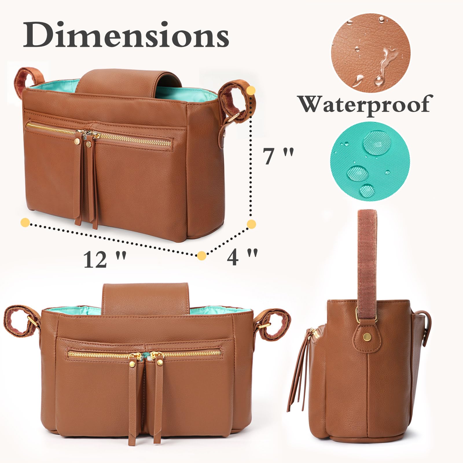 MOMINSIDE Organizer With Insulated Cup Holders, 10 Pockets Accessories Leather, Universal Stroller Caddy, Adjustable Straps, Zippered Pocket, Fit All Strollers (Brown)