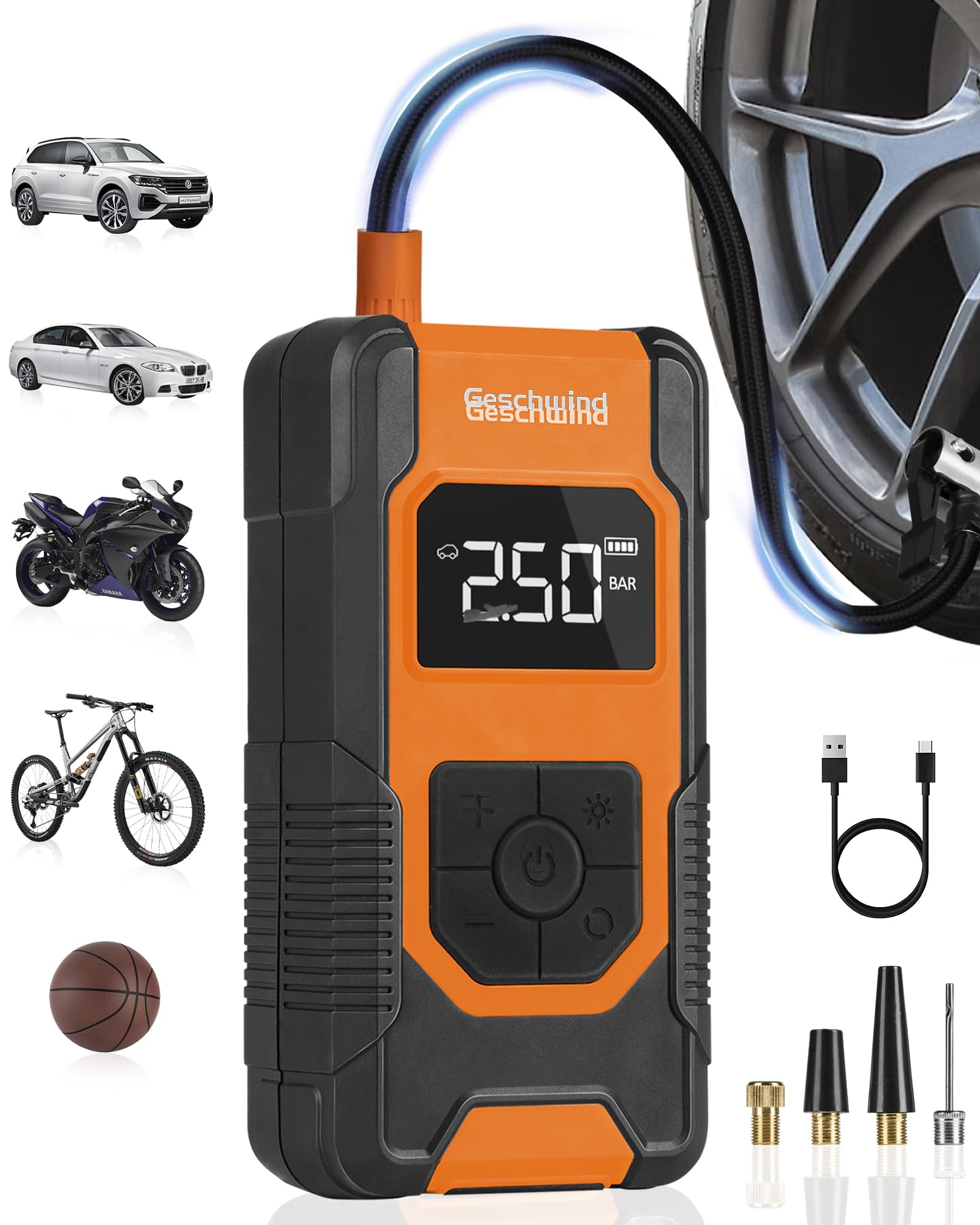 Geschwind Tire Inflator Portable Air Compressor-150PSI Cordless Electric Air Pump, Accurate Pressure LCD Display, 4X Fast Portable Air Compressor for Cars, Bikes & Motorcycle Tires, Balls
