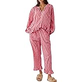 Gihuo Womens Gingham Pajama Sets Plaid Cotton Pjs Ruffle Babydoll Shirt and Pants 2 Piece Lounge Set