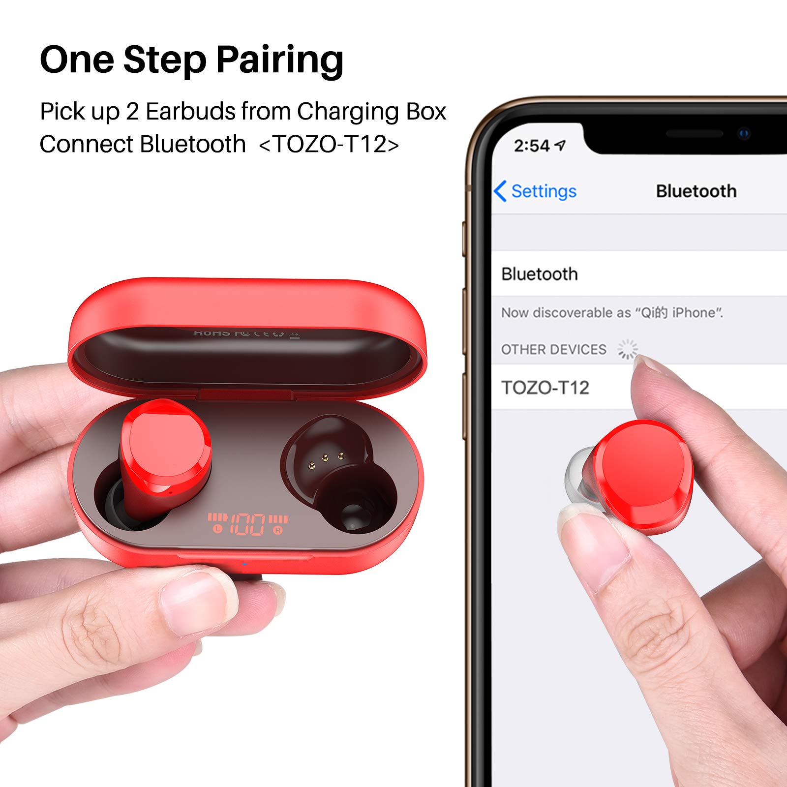 TOZO T12 Wireless Earbuds Bluetooth 5.3 Headphones Premium Sound Performance Touch Control LED Digital Display Wireless Charging Case Earphones Red