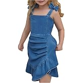GORGLITTER Girl's Denim Ruffle Dress Cute Bow Square Neck Ruched A Line Summer Vacation Short Jean Dress
