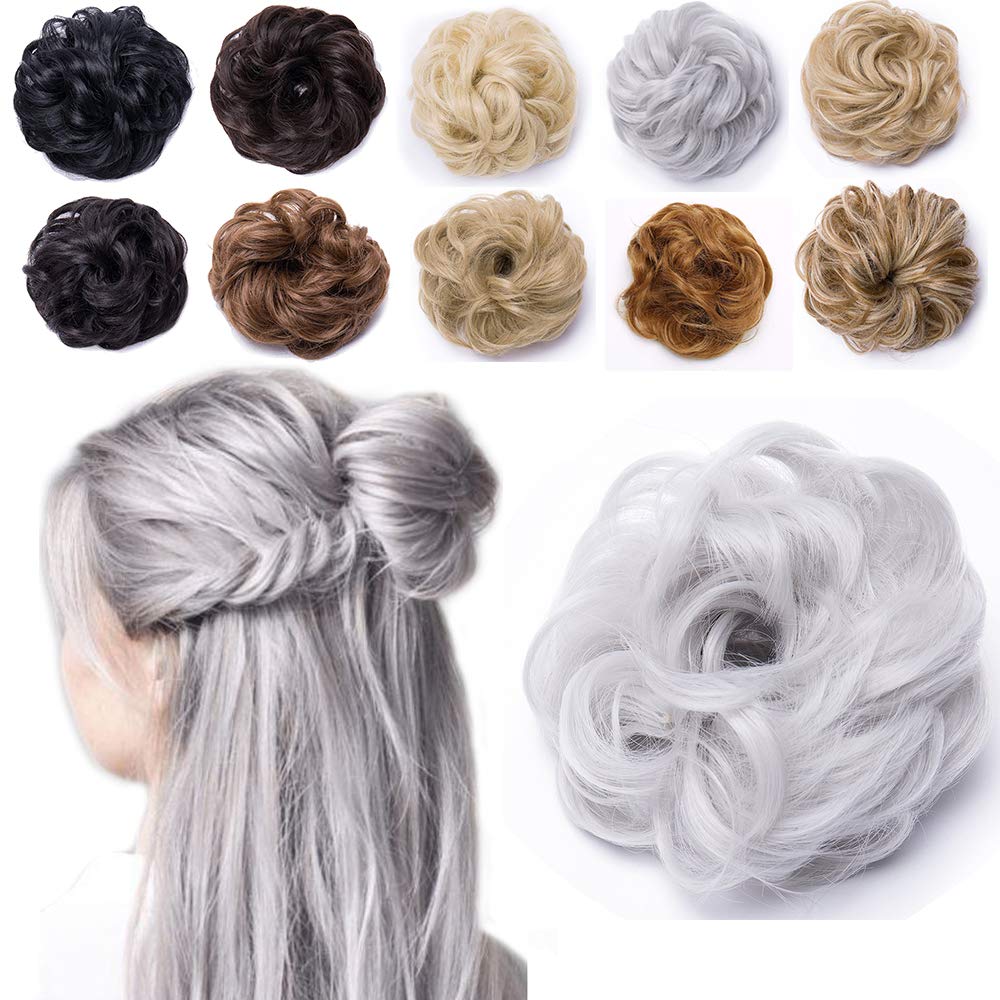 Hairpiece Bun Scrunchie Scrunchy Hair Extensions Silver Grey 40G Synthetic Donut Curly Messy Chignon Ponytail Wavy