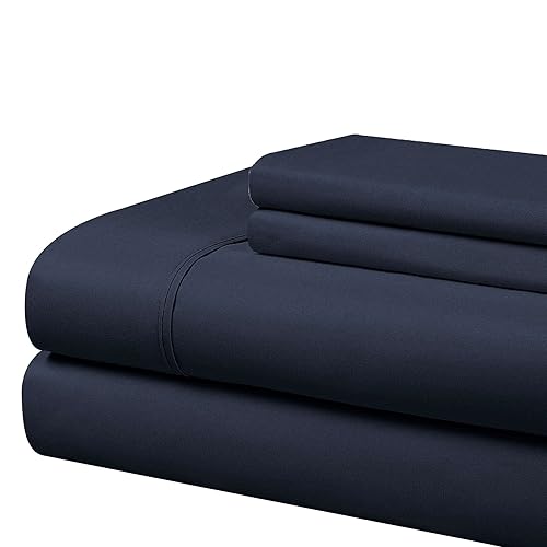 Cathay Home Essentials Ultra Soft Hypoallergenic Wrinkle Resistant Double Brushed Microfiber Bedding Sheet Set, Navy, Queen