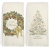 cvjutf Vintage Gold Christmas Tree Wreath Hand Towels Decor, Rustic Winter Happy Holidays Dish Towel, Farmhouse Merry Christmas Xmas Decorative Hand Tea Towels for Bathroom Kitchen Decorations, 16x24
