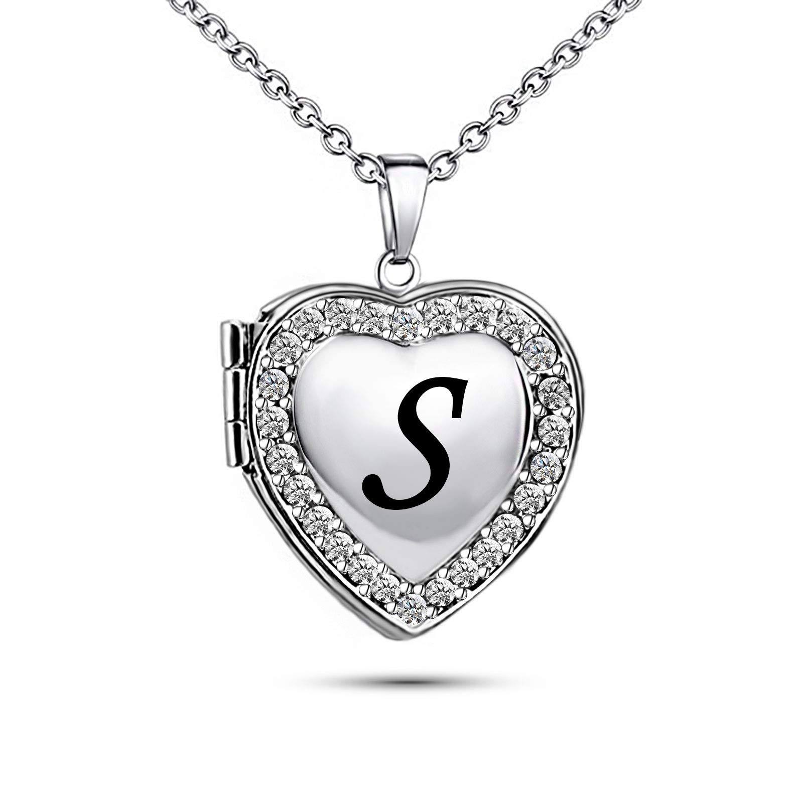 KunBead Jewelry Name Letter S Alphabet Kids Initial Necklace Love Engraved Heart Crystal Photo Locket Necklace for Pictures