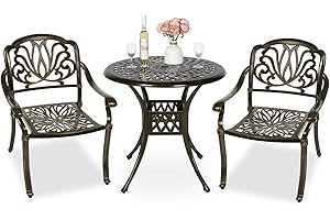 MEETWARM 3 Piece Patio Bistro Set, Outdoor All-Weather Cast Aluminum Dining Furniture Set Includes 2 Chairs and a 31” Round Table with Umbrella Hole for Garden Deck