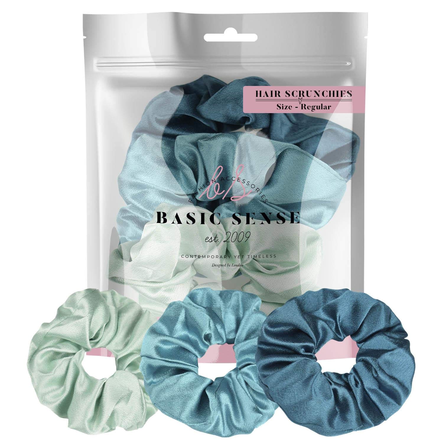 Luxurious Shimmering Hair Satin Scrunchies for Women Updo Ponytail Holder Ties Bands Elastic Bobbles Traceless Scrunchy, A set of 3pcs, Blue Assortment