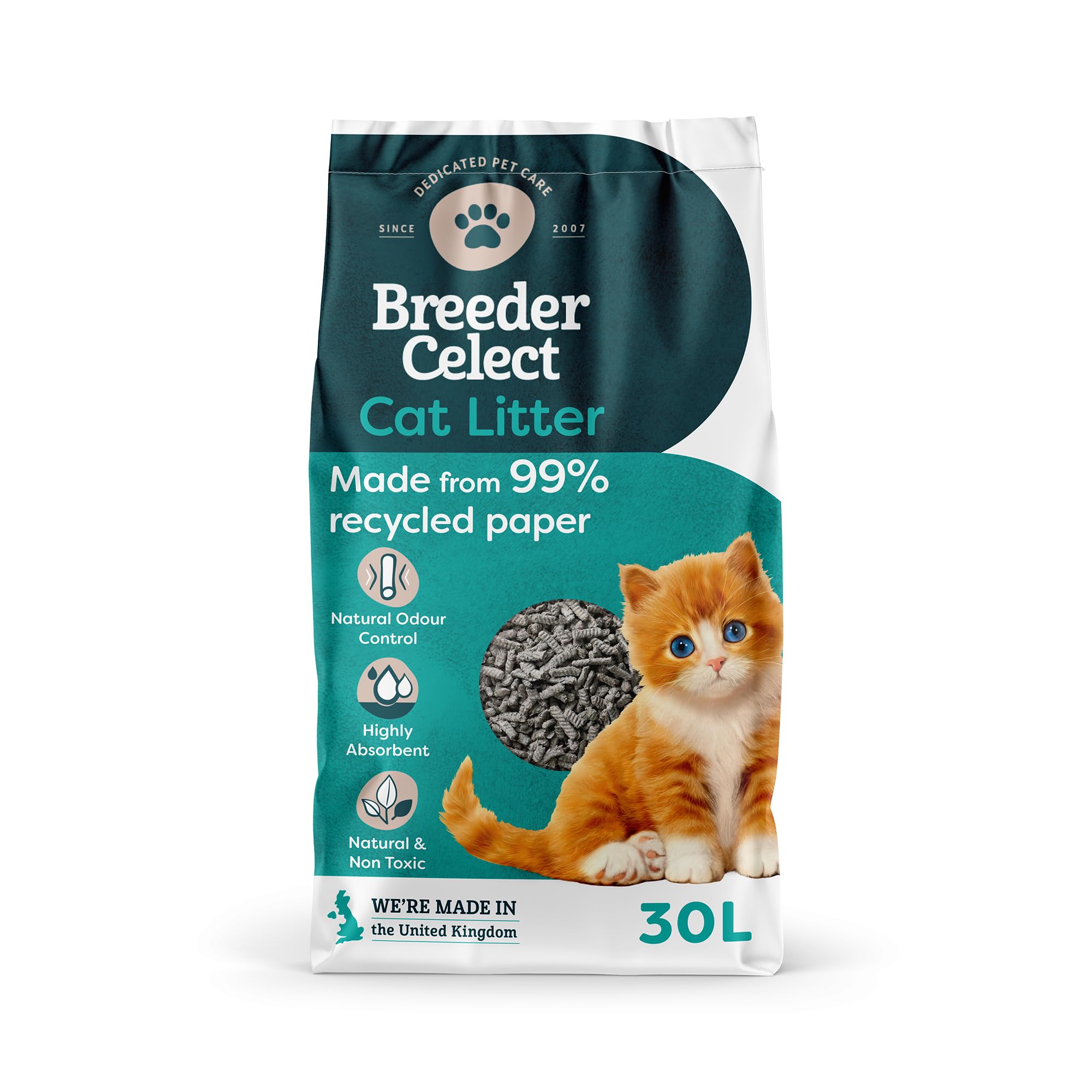 Breeder Celect All-Natural Cat Litter (30L) – 99% Recycled Paper, Highly Absorbent Kitten Cat Litter/Bedding, Excellent Odour Control, Non-Clumping, Biodegradable & Compostable