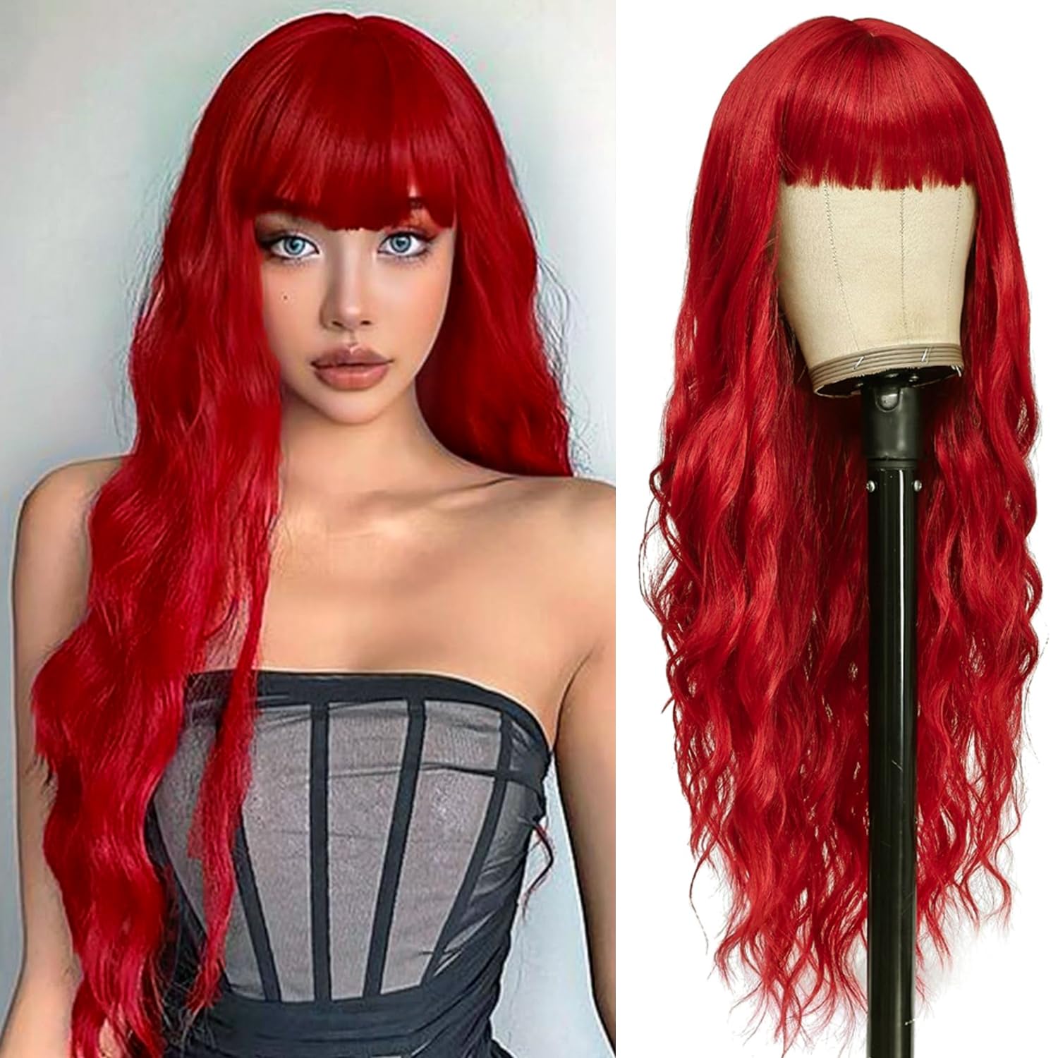 YEESHEDO Long Red Wave Wigs for Women with Fringe Bangs, Natural Curly Wavy Synthetic Replacement Hair for Party Cosplay Halloween 28 Inches (Gold Red) — image 1