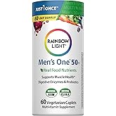 Rainbow Light Mens Multivitamin One + for 50 Plus | 60 Caplets | Supports Muscle Health | with Vitamins C, D, and Zinc | Real Food Nutrients, Digestive Enzymes & Probiotics