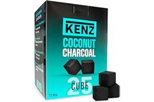 KENZ Charcoal Cubes, 25mm Low Ash Coconut Charcoal Briquettes, 100% Natural Coconut Shells, Completely Odor and Chemical Free, Enjoy a Longer Hotter Burn Time, 72 Cubes